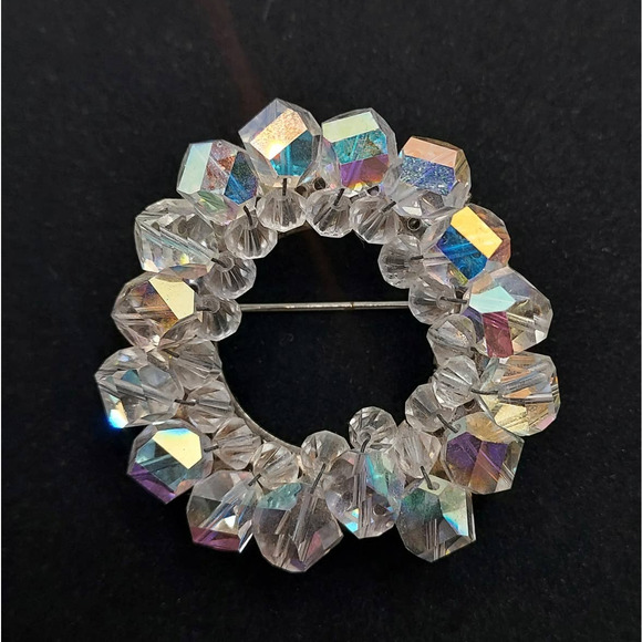 Vintage Aurora Borealis Brooch Circle Crystal Costume Jewelry - Picture 1 of 10